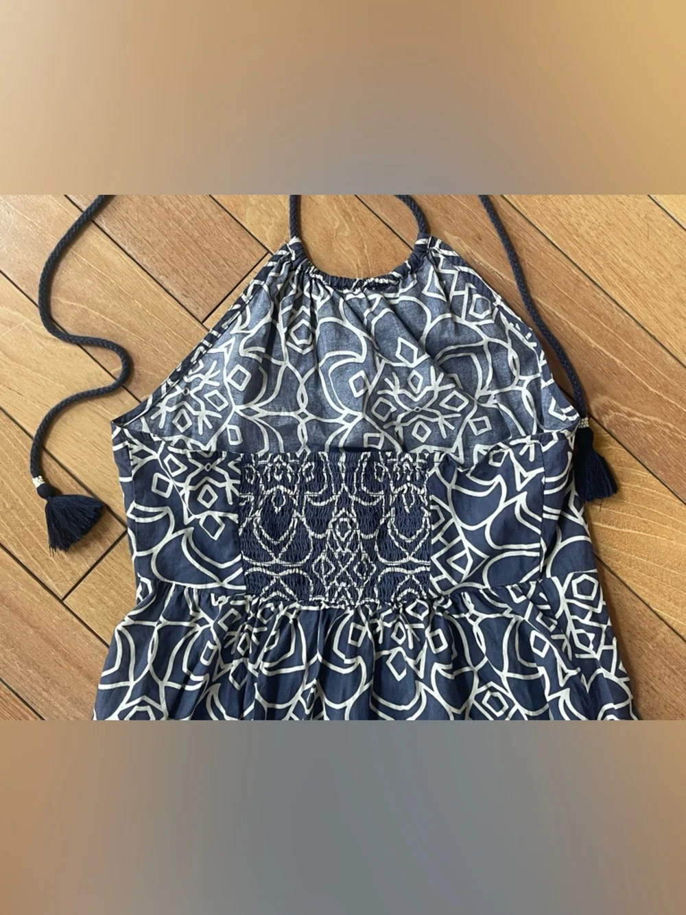 Zara Blue & White Printed Smocked Halter Midi Dress Tassel Tie Size Small